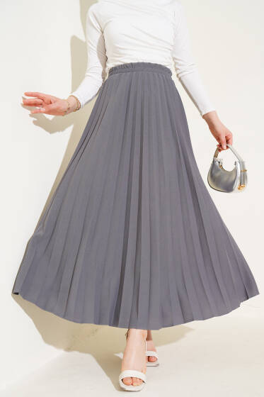 Pileli Beli Lastikli Etek Füme - Etek