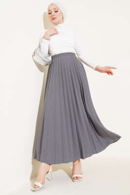 Pileli Beli Lastikli Etek Füme - Uzun Etek