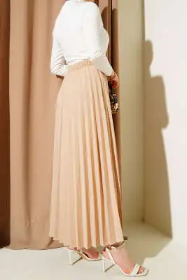  Pileli Beli Lastikli Etek Kum Bej - Uzun Etek