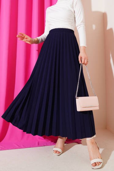 Pileli Beli Lastikli Etek Lacivert - Etek