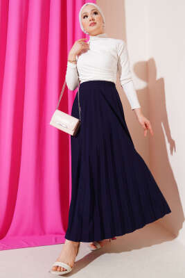 Pileli Beli Lastikli Etek Lacivert - Uzun Etek