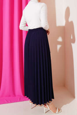 Pileli Beli Lastikli Etek Lacivert - Uzun Etek