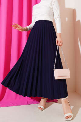 Pileli Beli Lastikli Etek Lacivert 