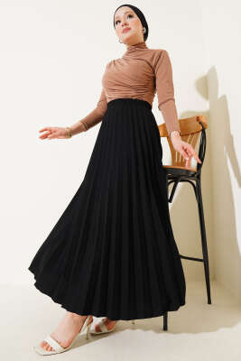  Pileli Beli Lastikli Etek Siyah - Uzun Etek