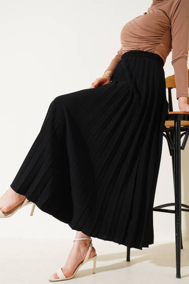  Pileli Beli Lastikli Etek Siyah - Uzun Etek