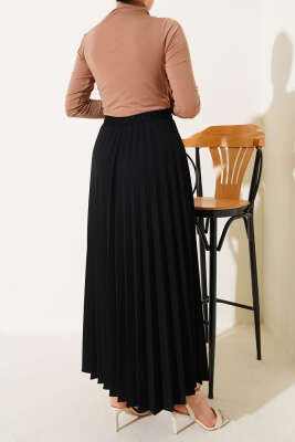  Pileli Beli Lastikli Etek Siyah - Uzun Etek