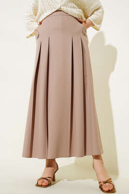 Pileli Cep Düğme Detaylı Etek Bej 