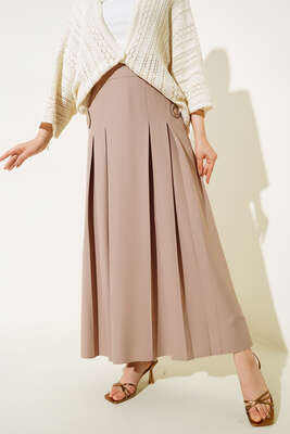 Pileli Cep Düğme Detaylı Etek Bej - Uzun Etek
