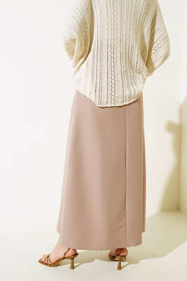 Pileli Cep Düğme Detaylı Etek Bej - Uzun Etek