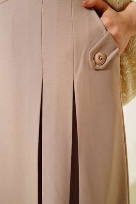 Pileli Cep Düğme Detaylı Etek Bej - Uzun Etek