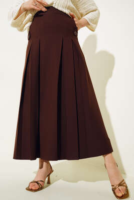 Pileli Cep Düğme Detaylı Etek Kahve 