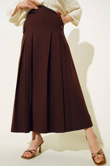 Pileli Cep Düğme Detaylı Etek Kahve - Uzun Etek