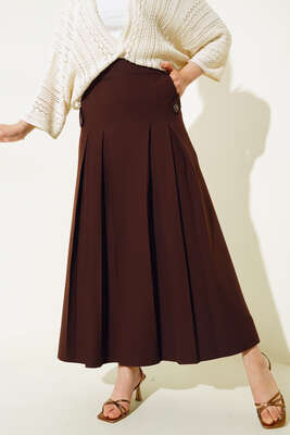 Pileli Cep Düğme Detaylı Etek Kahve - Uzun Etek