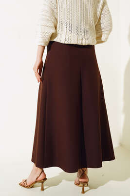 Pileli Cep Düğme Detaylı Etek Kahve - Uzun Etek
