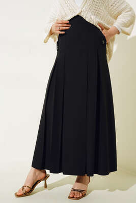 Pileli Cep Düğme Detaylı Etek Siyah - Uzun Etek
