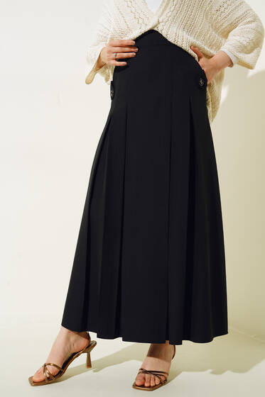Pileli Cep Düğme Detaylı Etek Siyah - Uzun Etek