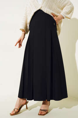 Pileli Cep Düğme Detaylı Etek Siyah - Uzun Etek