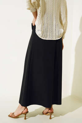 Pileli Cep Düğme Detaylı Etek Siyah - Uzun Etek