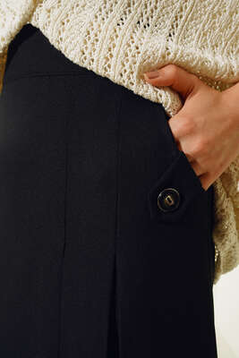 Pileli Cep Düğme Detaylı Etek Siyah - Uzun Etek