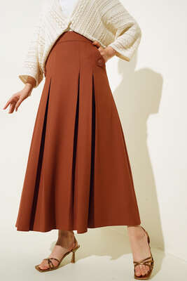 Pileli Cep Düğme Detaylı Etek Taba 