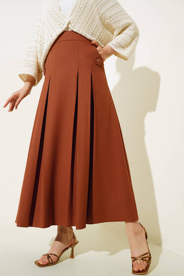 Pileli Cep Düğme Detaylı Etek Taba - Uzun Etek