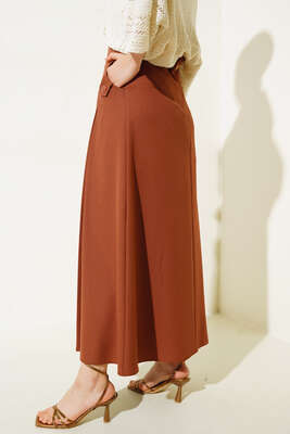 Pileli Cep Düğme Detaylı Etek Taba - Uzun Etek