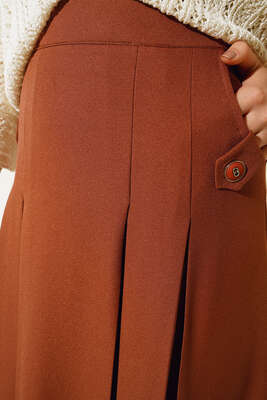 Pileli Cep Düğme Detaylı Etek Taba - Uzun Etek