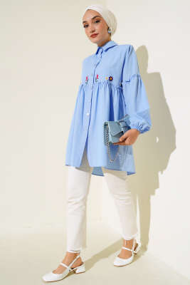 Pileli Çiçek Nakışlı Gömlek Buz Mavisi - Yılın Fırsatı