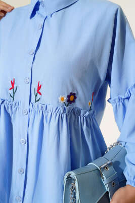 Pileli Çiçek Nakışlı Gömlek Buz Mavisi - Yılın Fırsatı