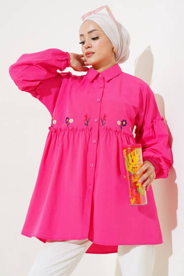 Pileli Çiçek Nakışlı Gömlek Fuşya - Gömlek