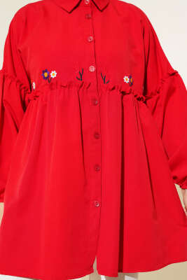Pileli Çiçek Nakışlı Gömlek Kırmızı - 300-500 TL Ürünler