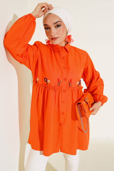 Pileli Çiçek Nakışlı Gömlek Oranj - Gömlek