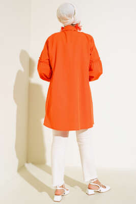 Pileli Çiçek Nakışlı Gömlek Oranj - Yılın Fırsatı