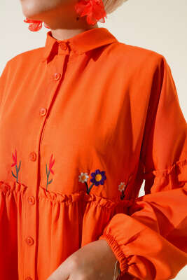 Pileli Çiçek Nakışlı Gömlek Oranj - Yılın Fırsatı