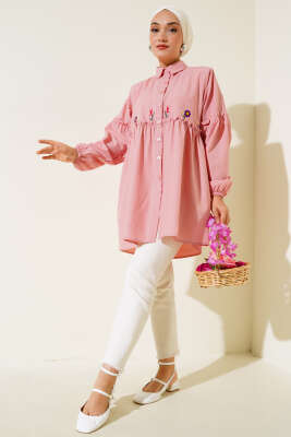 Pileli Çiçek Nakışlı Gömlek Pudra - Yılın Fırsatı