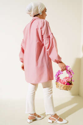 Pileli Çiçek Nakışlı Gömlek Pudra - Yılın Fırsatı