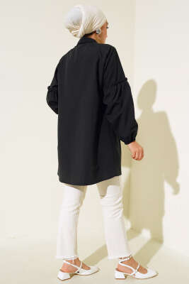 Pileli Çiçek Nakışlı Gömlek Siyah - Yılın Fırsatı