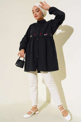 Pileli Çiçek Nakışlı Gömlek Siyah - Yılın Fırsatı