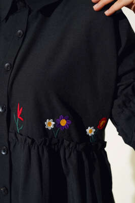 Pileli Çiçek Nakışlı Gömlek Siyah - Yılın Fırsatı