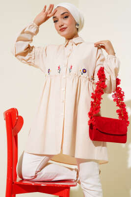 Pileli Çiçek Nakışlı Gömlek Taş - Yılın Fırsatı