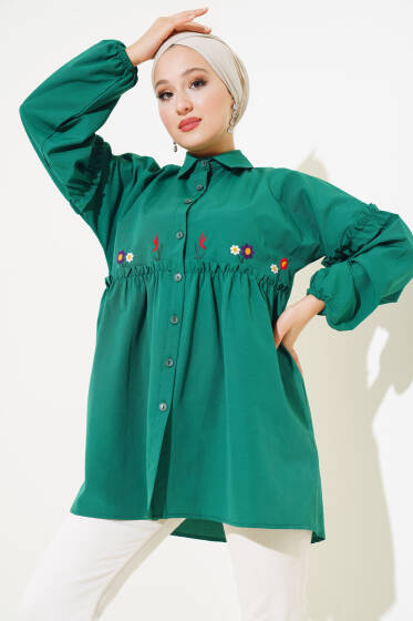 Pileli Çiçek Nakışlı Gömlek Yeşil - Gömlek