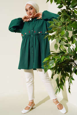 Pileli Çiçek Nakışlı Gömlek Zümrüt - Yılın Fırsatı
