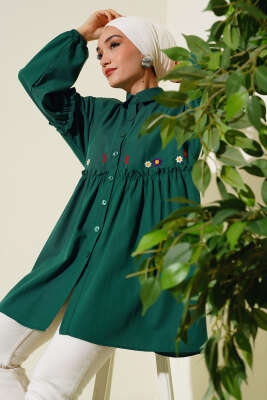 Pileli Çiçek Nakışlı Gömlek Zümrüt - Yılın Fırsatı