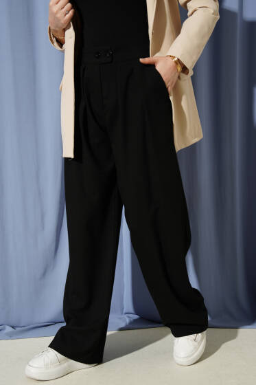 Pileli Çift Düğmeli Salaş Pantolon Siyah - Pantolon