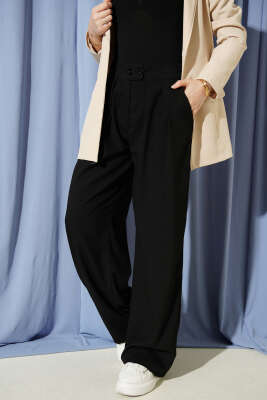 Pileli Çift Düğmeli Salaş Pantolon Siyah - Pantolon