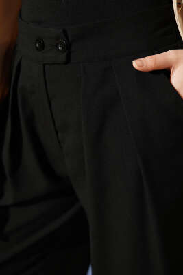 Pileli Çift Düğmeli Salaş Pantolon Siyah - Pantolon