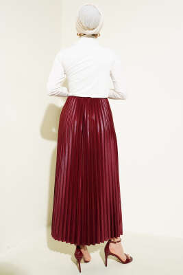 Pileli Deri Görünümlü Bel Lastikli Etek Bordo - Uzun Etek