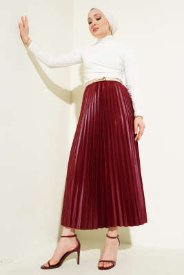 Pileli Deri Görünümlü Bel Lastikli Etek Bordo - Uzun Etek