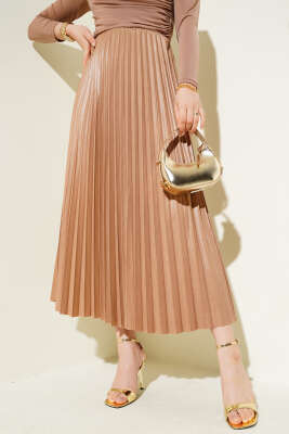 Pileli Deri Görünümlü Bel Lastikli Etek Camel 