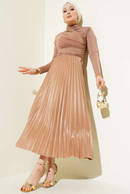 Pileli Deri Görünümlü Bel Lastikli Etek Camel - Uzun Etek